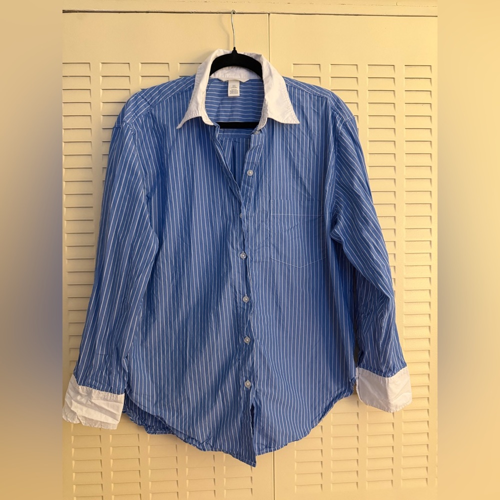 H&M Blue White Stripe Button Down Shirt Contrast Collar Oversized Size S